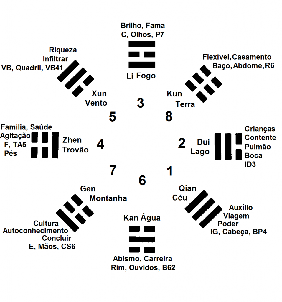 8 Trigramas com seus números, símbolos, órgãos e partes do corpo humano