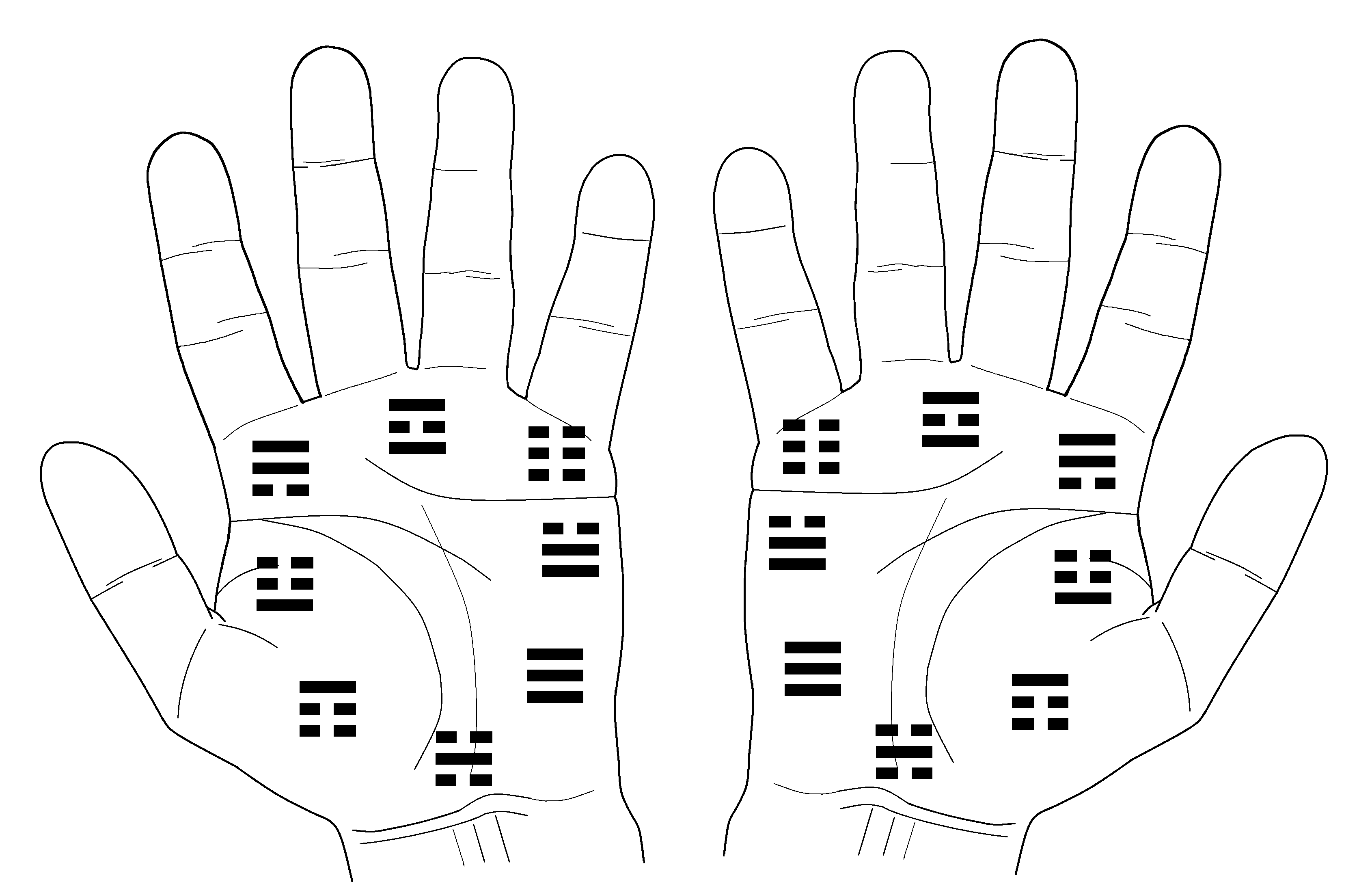 Palmas das Mãos com localização dos 8 Trigramas